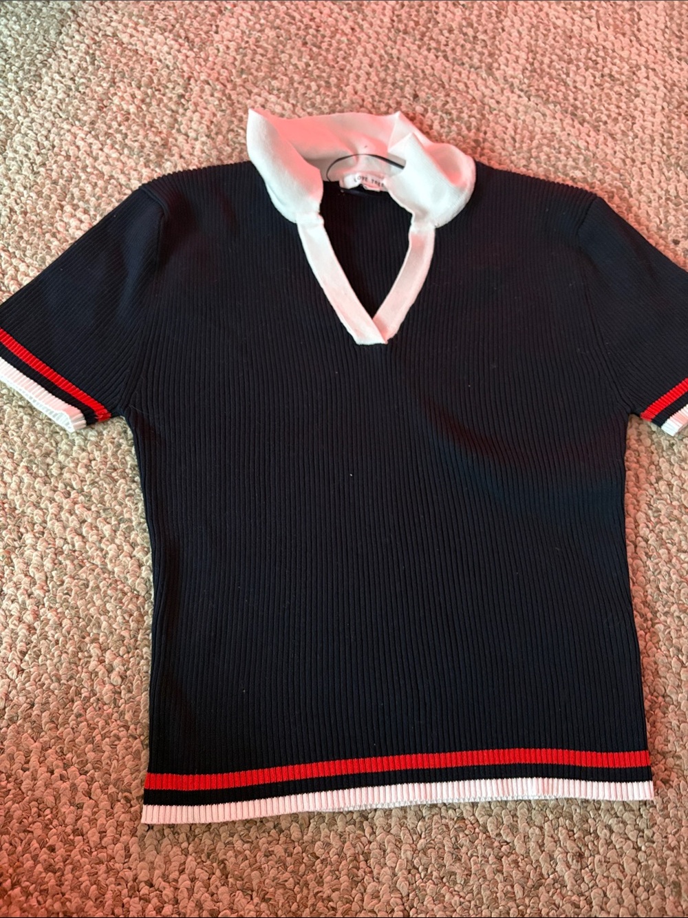 Love Tree Navy V-Neck Short Sleeve Sweater with White Collar and Red Trim